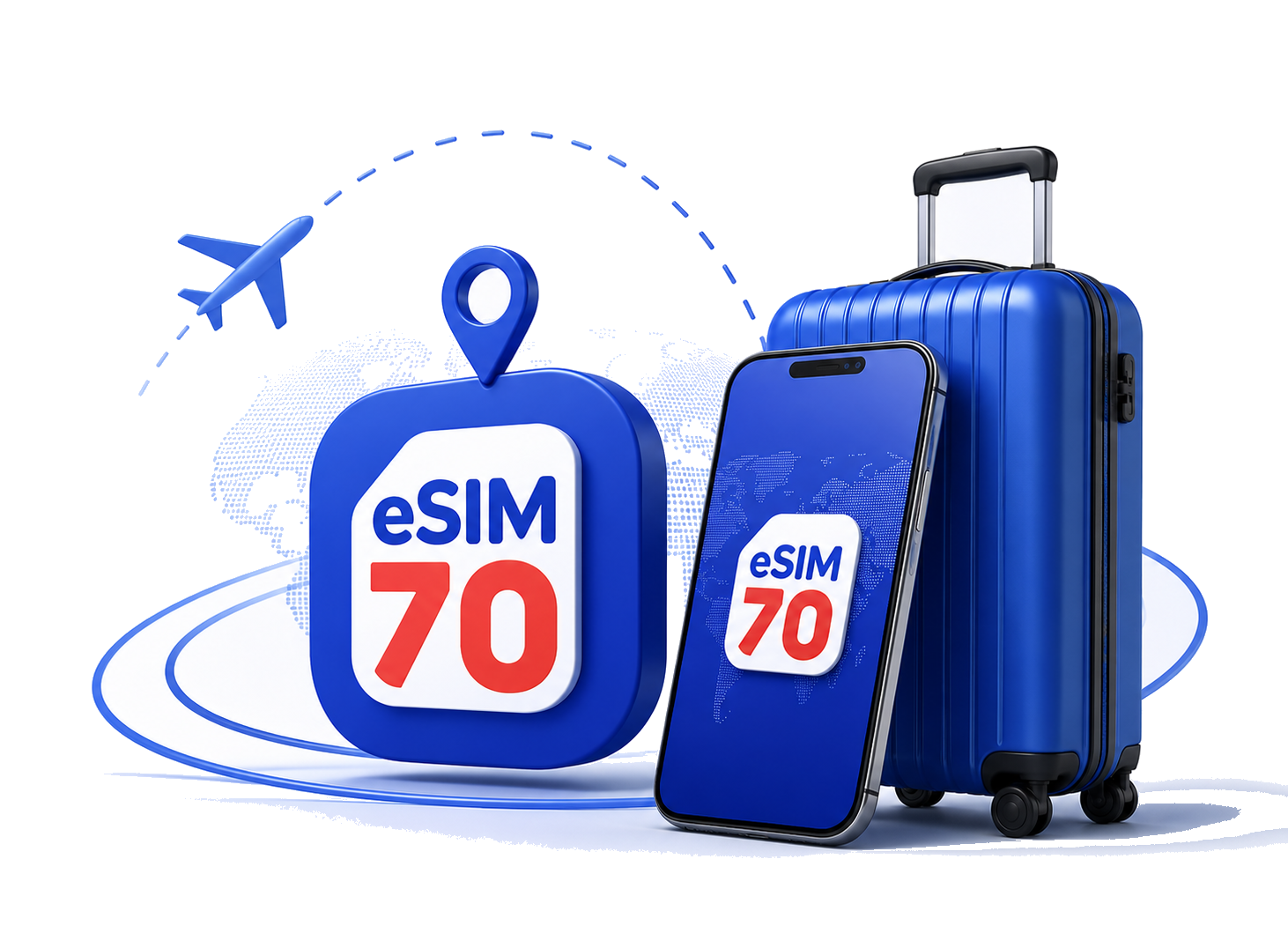 Esim70 travel eSIM shown on a phone beside a suitcase, with a globe and flight path