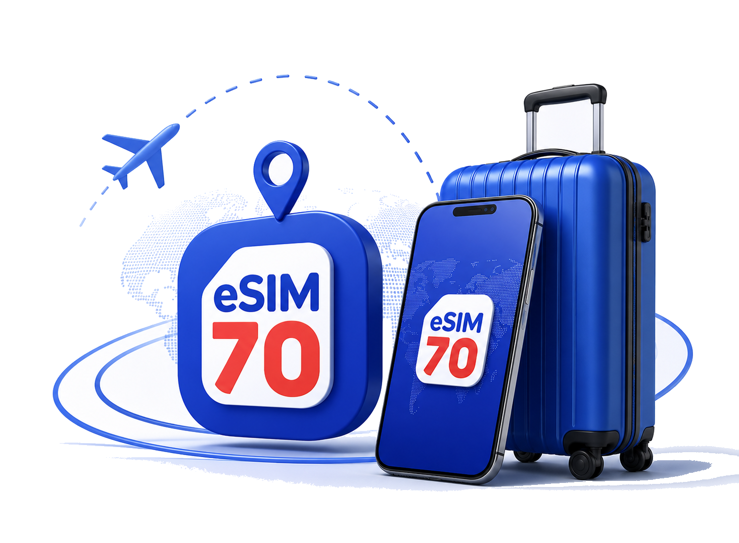 Esim70 travel eSIM shown on a phone beside a suitcase, with a globe and flight path