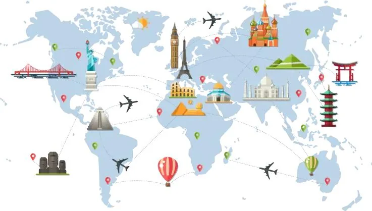 A world map of travel landmarks linked by flight routes