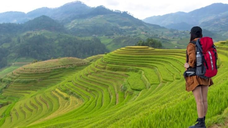A backpacker looking out over terraced rice fields in northern Vietnam