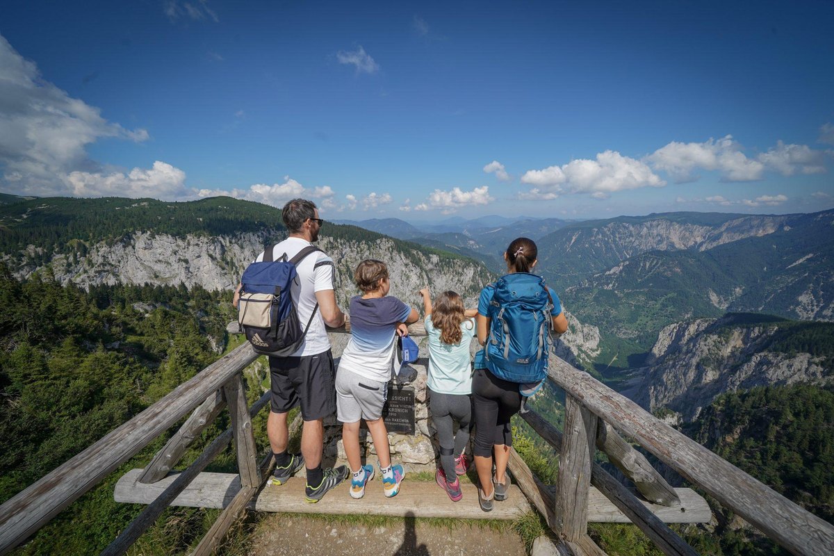 A family taking in a sunny mountain viewpoint together