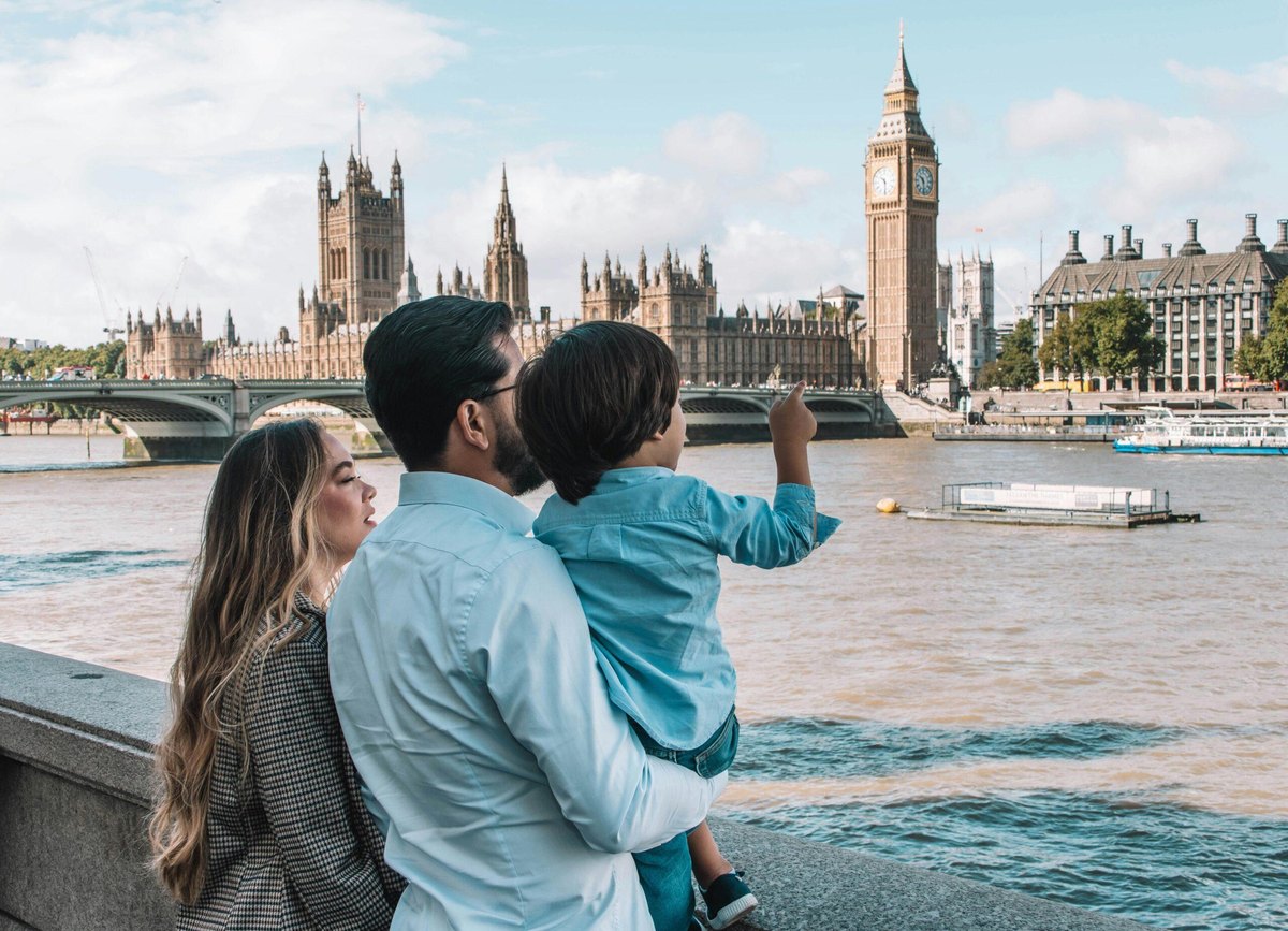 A family looking out over the Thames toward Big Ben and Westminster in London