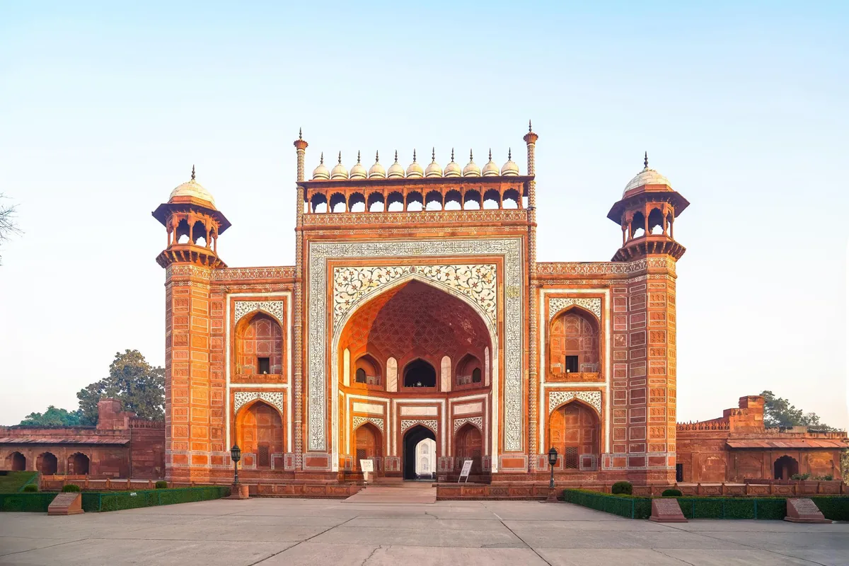 The Great Gate entrance to the Taj Mahal in Agra